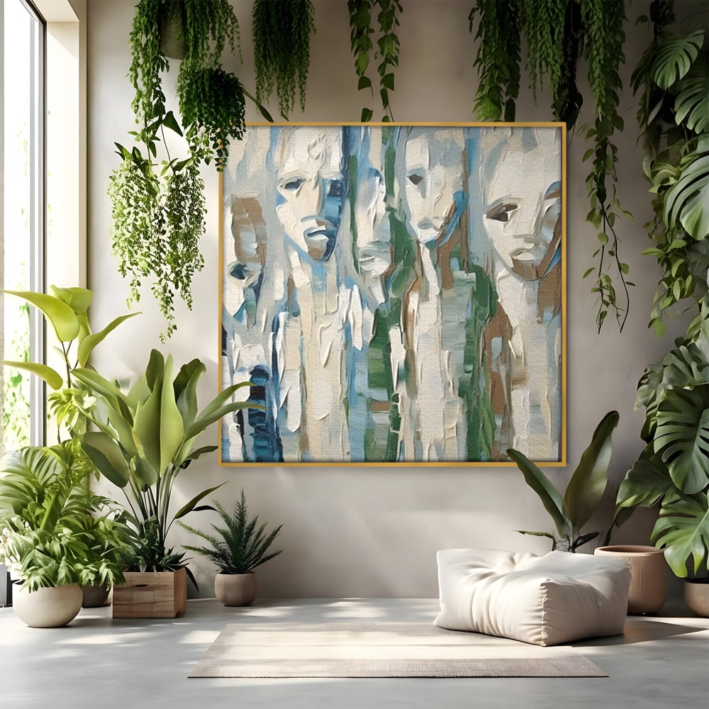 Tablou canvas cu tablou canvas cu fete abstracte, in rama de aluminiu auriu